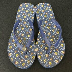 Tory Burch Fresh Blueberry Wild Pansy Flip Flops.  Blue floral